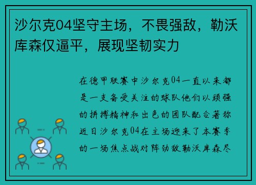 沙尔克04坚守主场，不畏强敌，勒沃库森仅逼平，展现坚韧实力